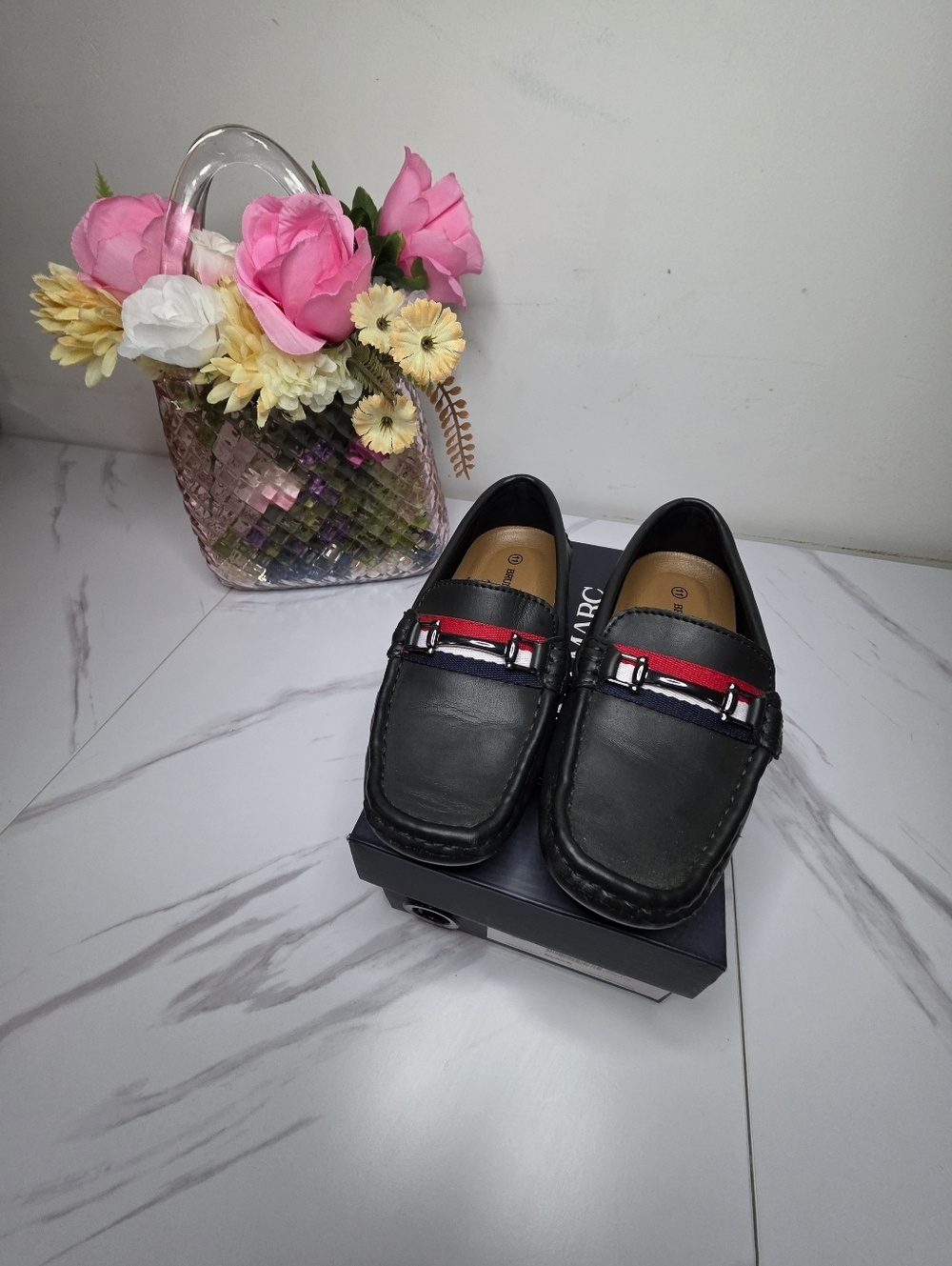 Kids Black Moccasins | Bruno Marc | 11C Black Moccasins with Red Accent